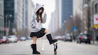 Giant East Asian girl with cat ear hoodie and black skirt also black ugg boot stomp