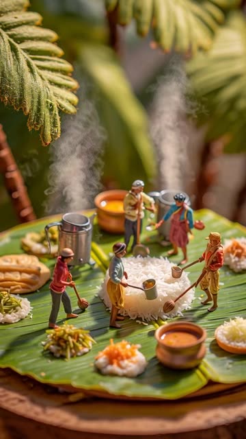 A detailed miniature South Indian lunch scene — giant banana leaf spread with fluffy white rice