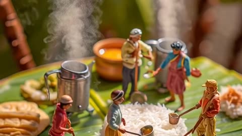 A detailed miniature South Indian lunch scene — giant banana leaf spread with fluffy white rice