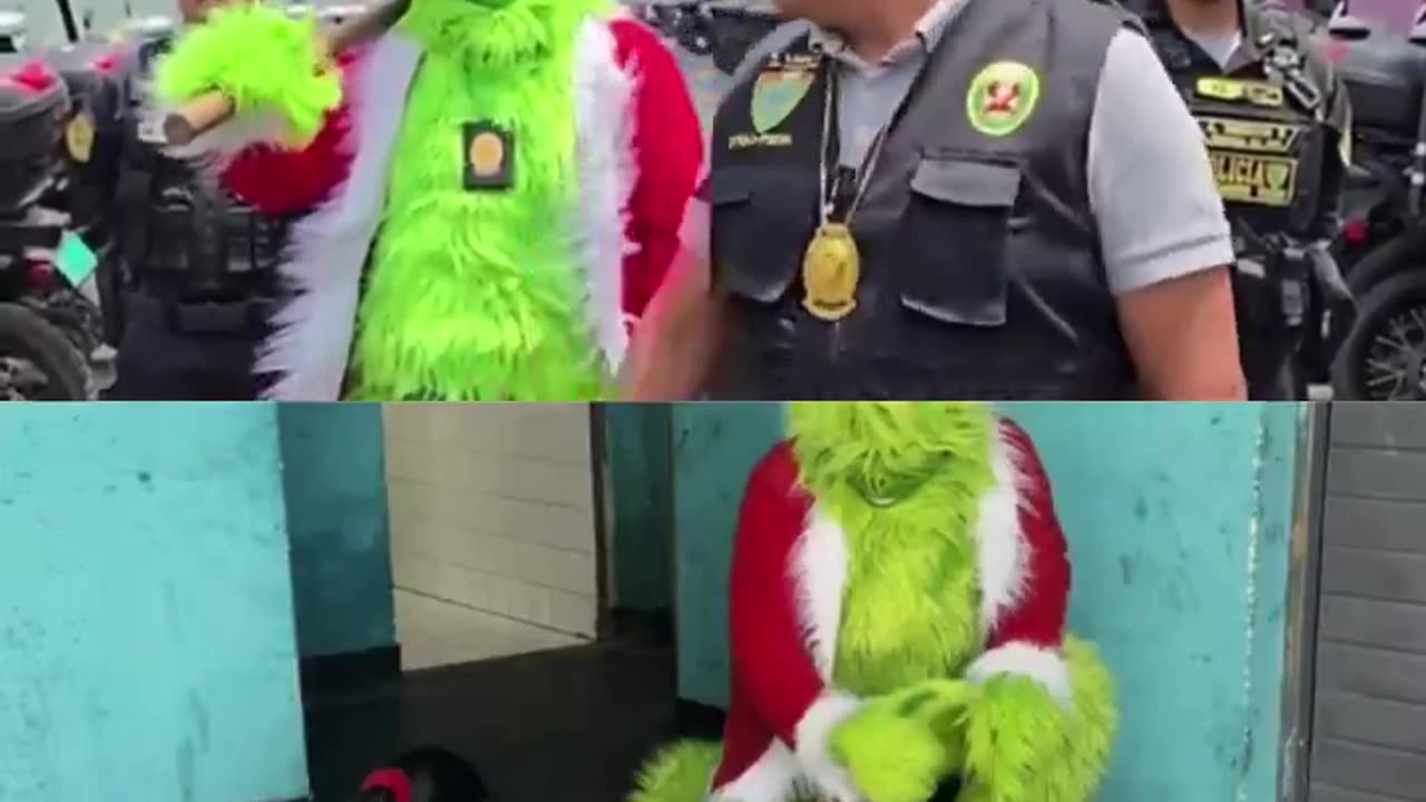 Undercovered police officer dressed as the Grinch makes a drug bus