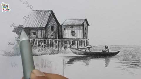 How to draw fisher men Village Scenery Art || Nature Art