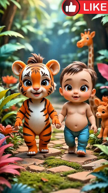 Suit Babysuit Baby exercising on a morning walk with wild animals AI generate cartoon video fun