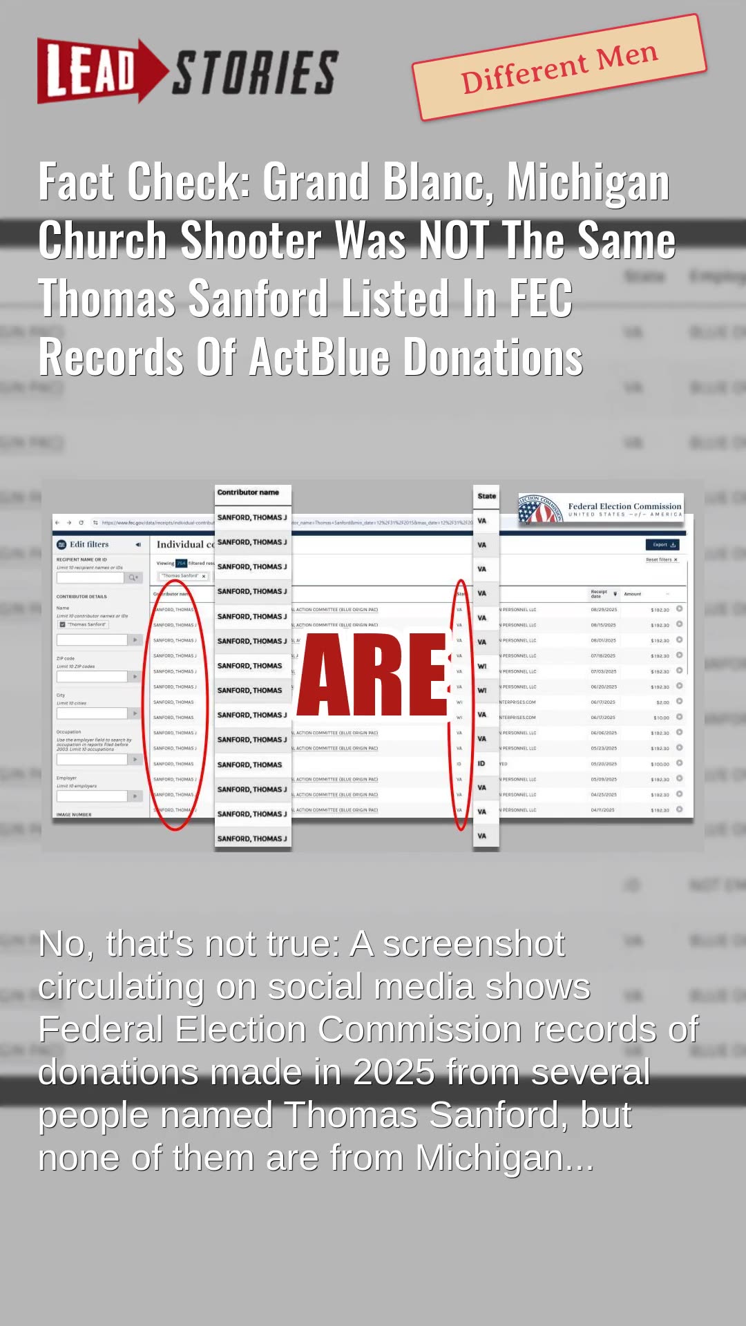 Fact Check: Michigan Church Shooter NOT The Same Thomas Sanford Listed In FEC ActBlue Donations