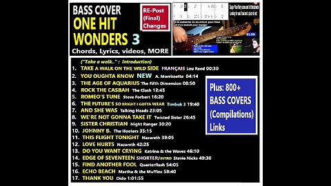 Bass cover ONE HIT WONDERS Vol. 3 __ Chords real-time, Lyrics, MORE