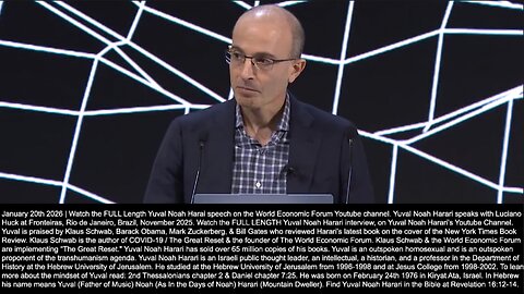 Yuval Noah Harari | "AI Is Not Just Another Tool. It Is An Agent. AI Is a Knife That Can Decide Whether to Cut Salad or Commit Murder. AI Can Lie. AI Agents Can Acquire the Will to Survive. AI Will Take Over Religion." - 1/20/2026