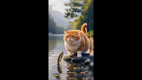 a fat orange cat cooks fish
