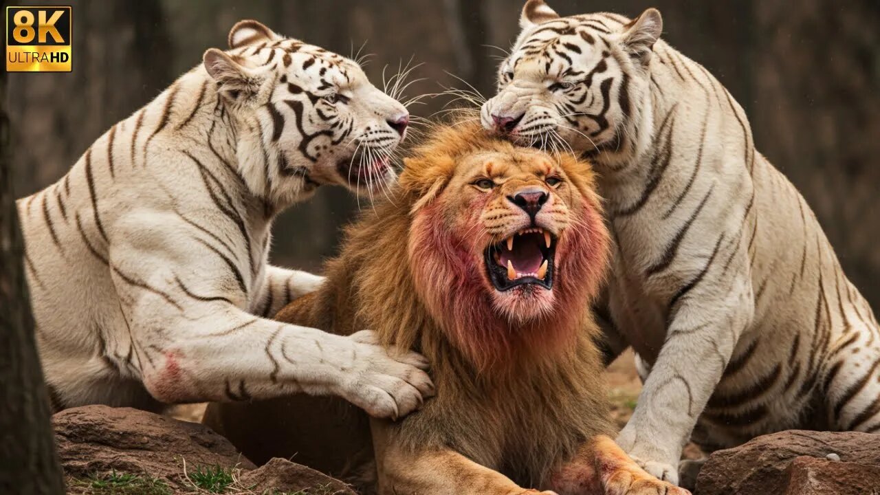 White Tigers Attack Male Lion – Intense Battle & Dramatic Rescue! 🐅🦁🔥