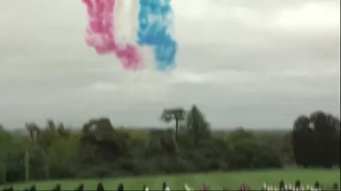 A joint U.S.-U.K. flyover of F-35s and Red Arrows
