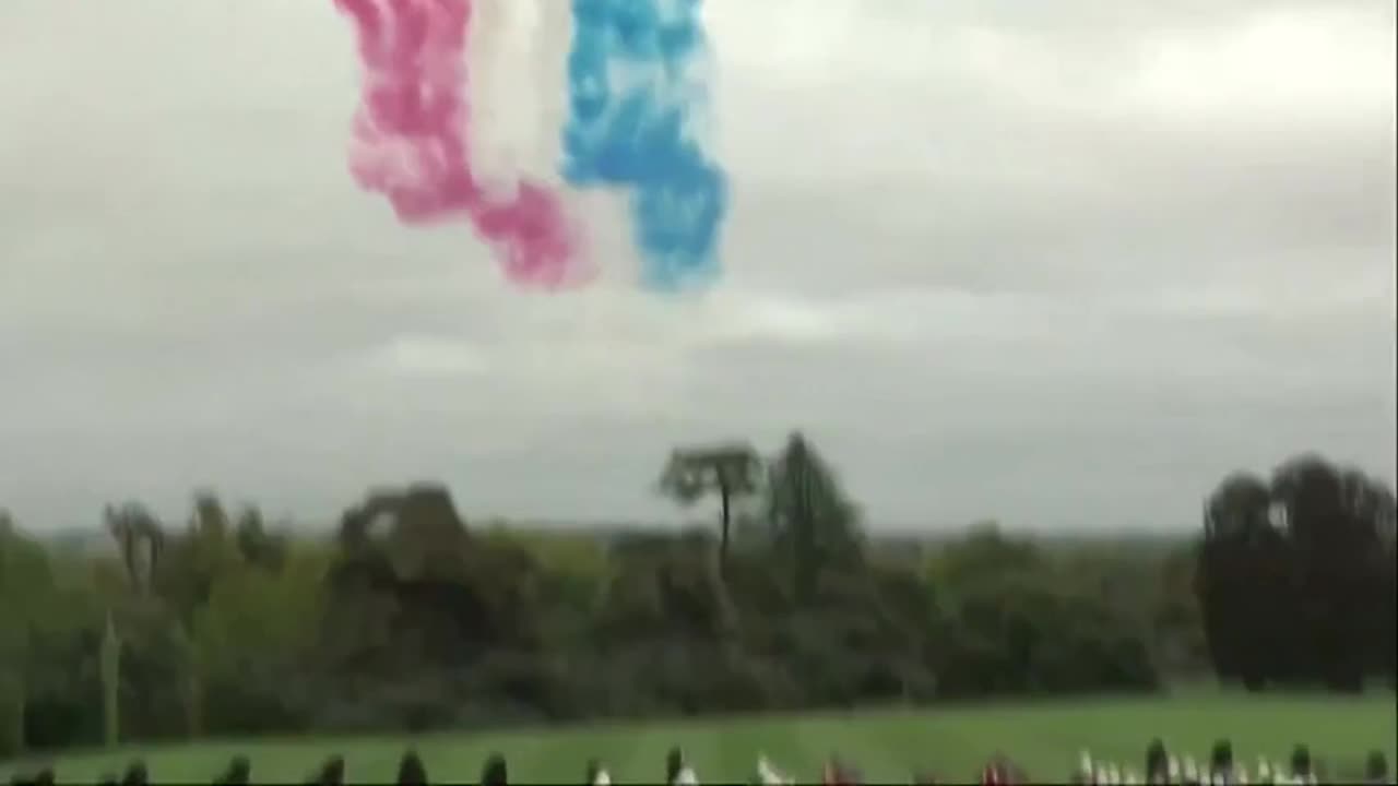 A joint U.S.-U.K. flyover of F-35s and Red Arrows