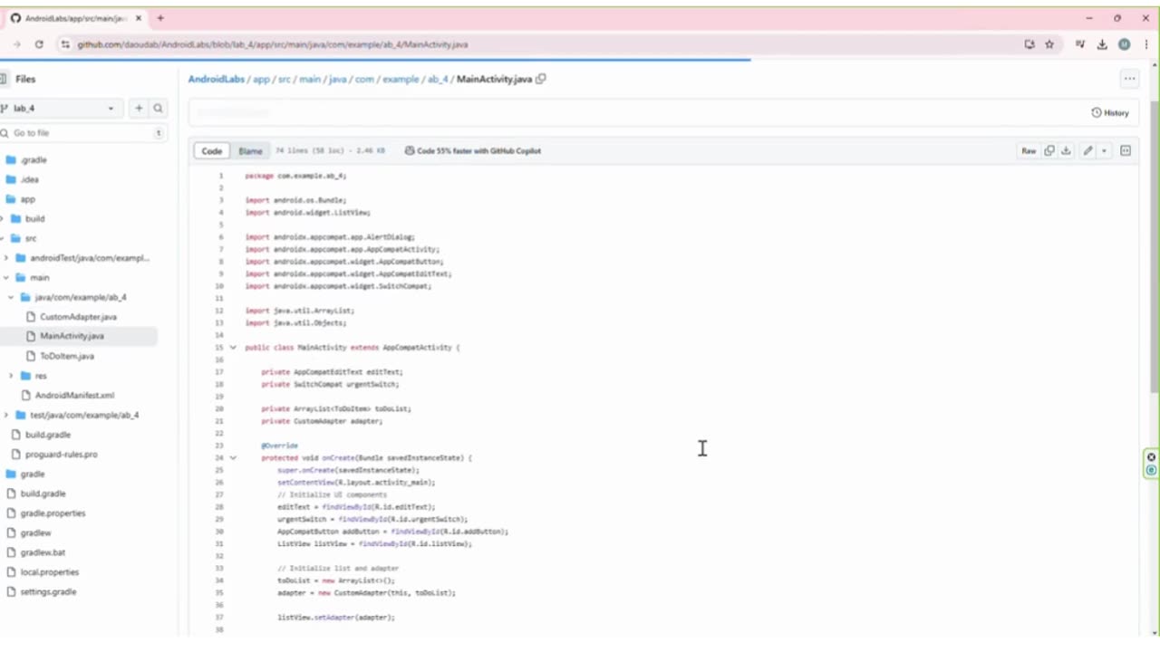 Client Work (Github) | CST2335 Lab 4 To-Do App with Android Studio | Algonquin College