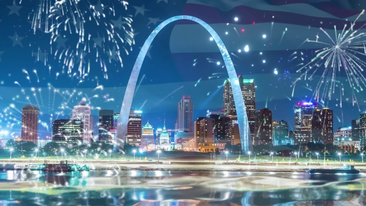 1 Hour St. Louis Gateway Arch American Flag Fireworks Patriotic Background Video Screensaver