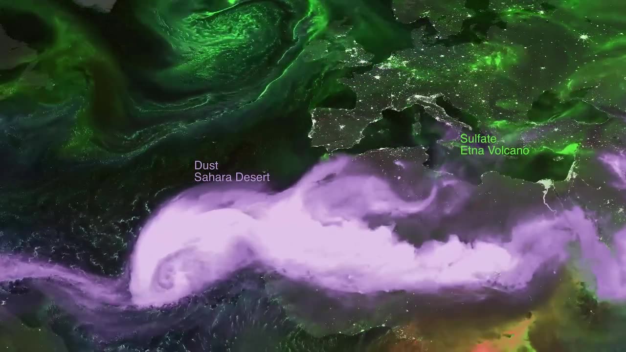 Visualization showing aerosols modeled by the Earth Observing System.