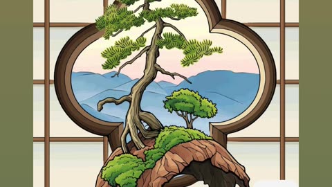 Elegant Bonsai Displayed Against Scenic Landscape View From Unique Window
