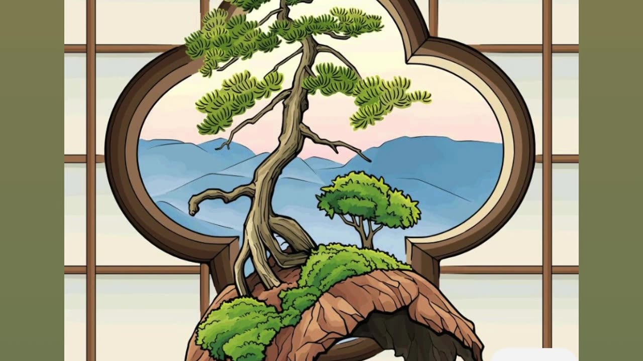 Elegant Bonsai Displayed Against Scenic Landscape View From Unique Window
