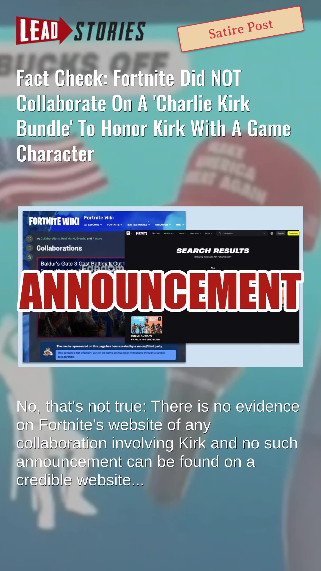 Fact Check: Fortnite Did NOT Collaborate On Charlie Kirk Bundle To Honor Kirk With Game Character
