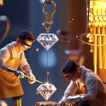 Miniature people working working on a diamond in a room