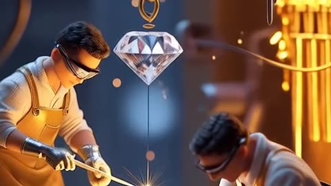 Miniature people working working on a diamond in a room