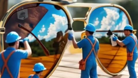 Tiny Workers Cleaning the Surface of a Giant Pair of Sunglasses