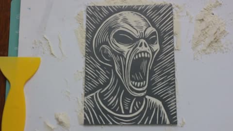 Carving an Alien Linocut – Full Carving + Toner Removal & Flour Test