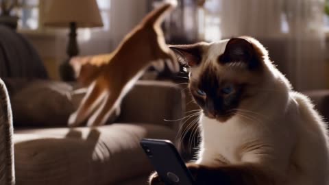 Siamese Cat's Selfie Fail: Ginger Cat Chaos in the Background!