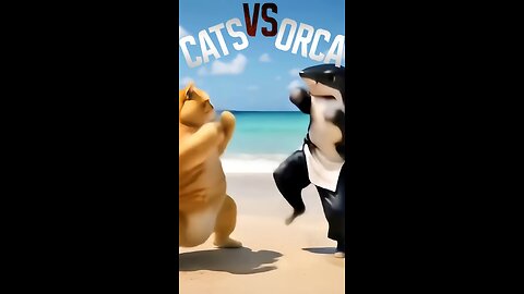 Orange cat fight with a shark. Ai cartoon orange fat cat funny video