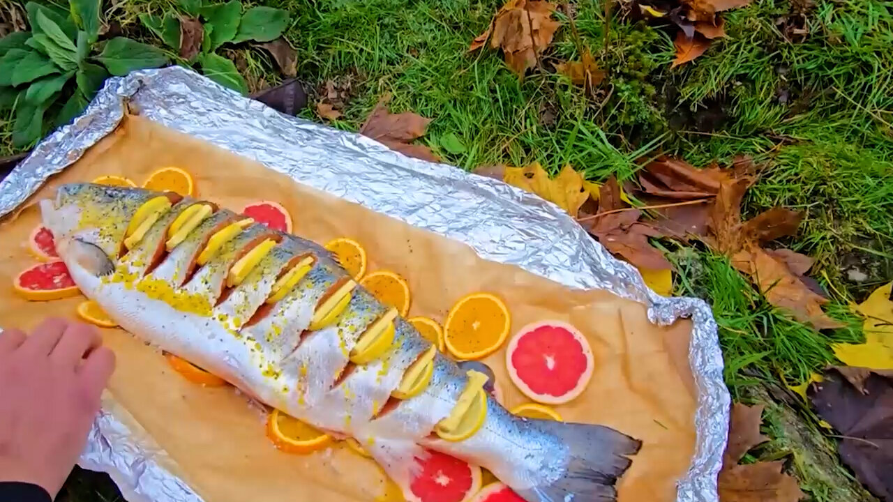 Whole Salmon Smoked Over Fire Outdoors | ASMR Cooking in Nature