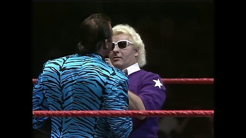 Greg Valentine & Brutus Beefcake-bruti-the evil beefer in a blue robe VS islanders