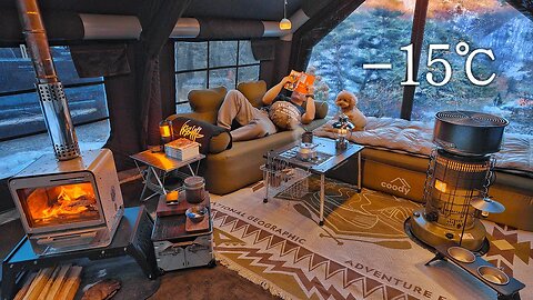 -15℃ Camping in Cold Winter with My Dog . Inflatable Hot Tent . Wood Stove ASMR