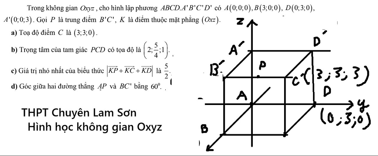 THPT Chuyên Lam Sơn: Trong không gian Oxyz , cho hình lập phương ABCD A(0;0;0), B(3;0;0) .