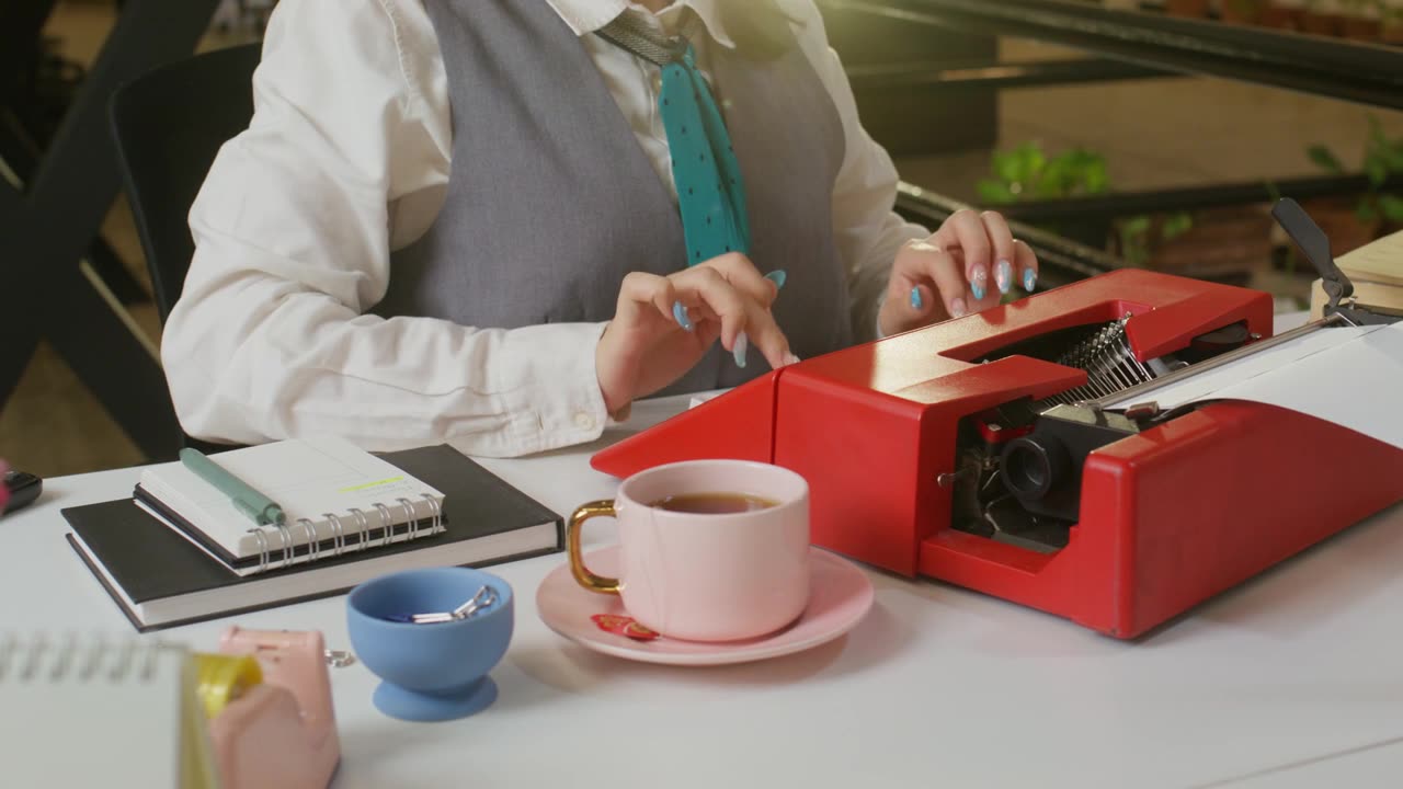 A woman gets her desk ready, adjusting items.