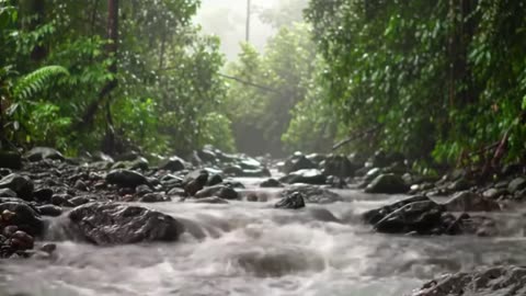 Gentle Tropical Rain by a Forest Stream