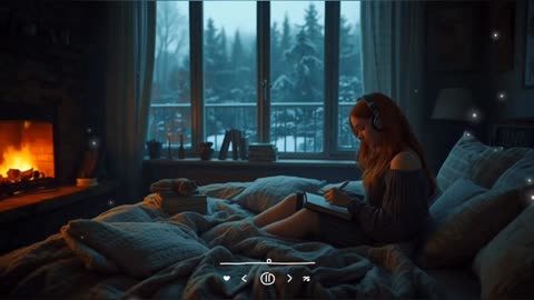 Lofi Music with Cozy bedroom and winter snowfall and fireplace