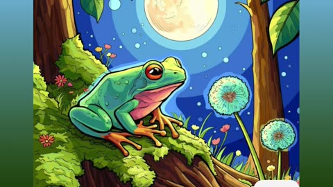 Vibrant Frog Perched Amid a Lush Woodland Scene Under Full Moonlight