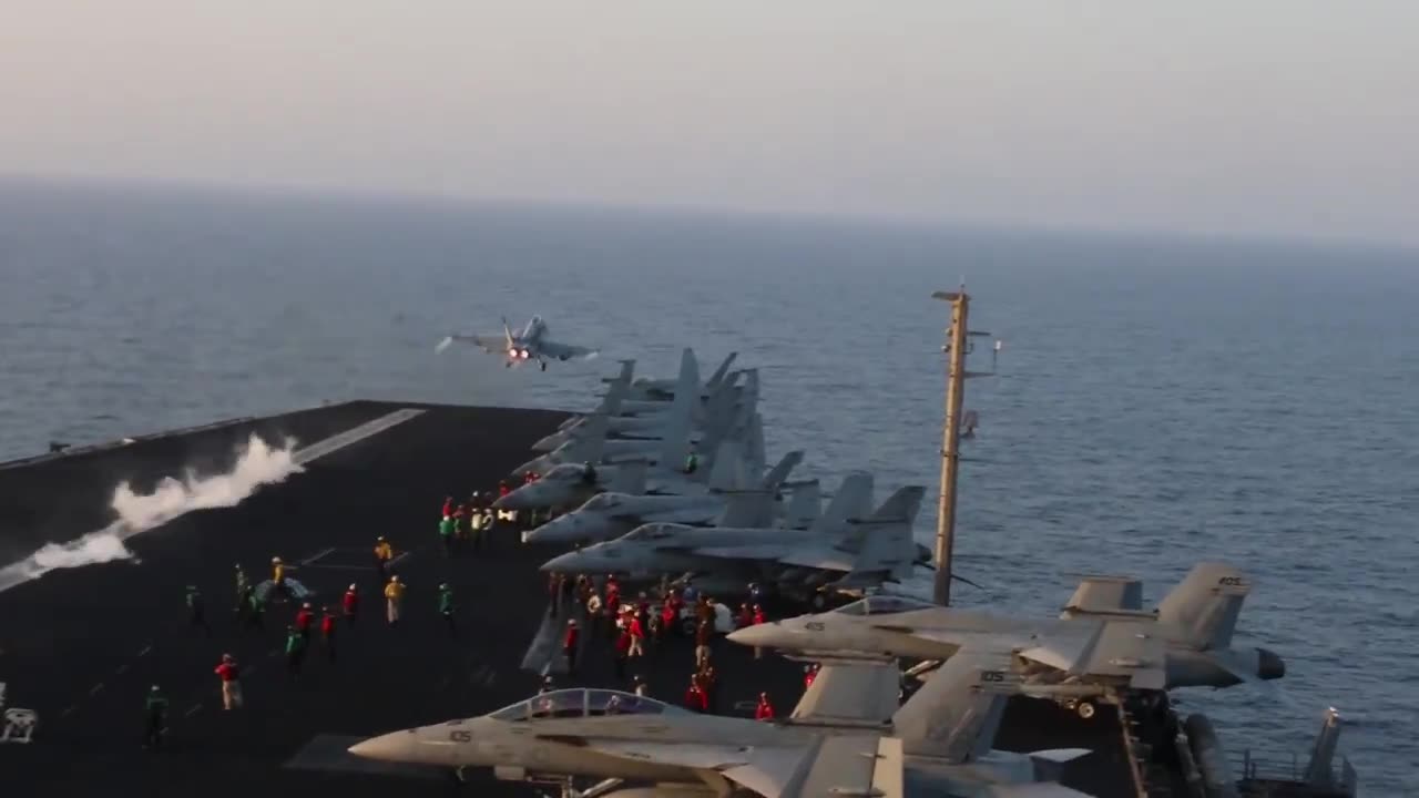 Footage captures the moment U.S. Navy F/A-18 Super Hornets launch from the