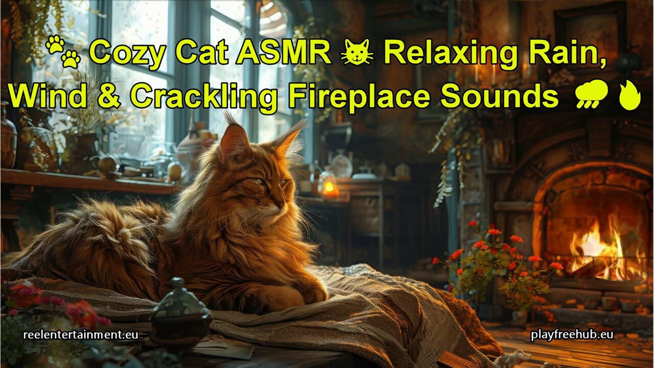 🐾 Cozy Cat ASMR 🐱 Relaxing Rain, Wind & Crackling Fireplace Sounds 🌧️🔥