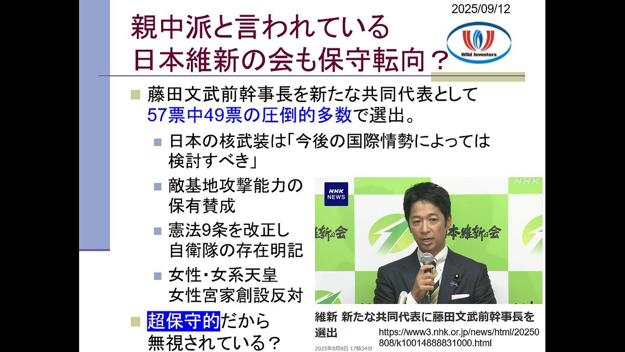 投資戦略動画(公開用)20250912 実は高市氏やや優勢。進次郎有利はいつもの工作。カマラ・ハリス作戦で親中の林氏にチェンジも。日本維新の会も保守転向?