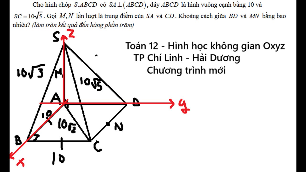 TP Chí Linh (Hải Dương): Cho hình chóp .S ABCD có SA ⊥ ABCD⊥ , đáy ABCD là hình vuông cạnh bằng 10