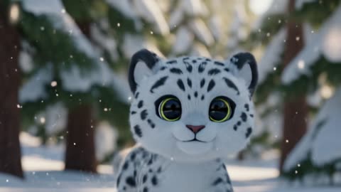 a cute creature with snow leopard-like fur is walking in a winter forest.