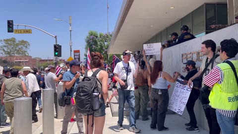 Protesters gathered outside the federal building in downtown Los Angeles, California