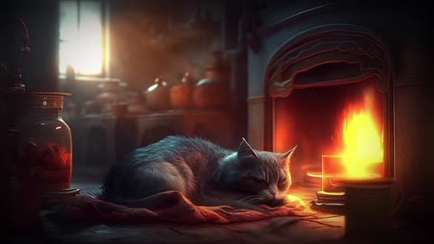 1 Hour Cozy Cat Fireplace Ambience – Relax, Study, Sleep