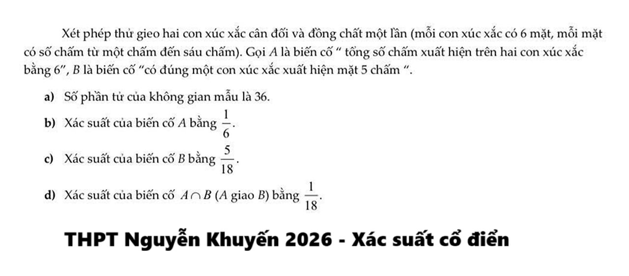THPT Nguyễn Khuyến 2026: Xét phép thử gieo hai con xúc xắc cân đối và đồng chất một lần (mỗi con