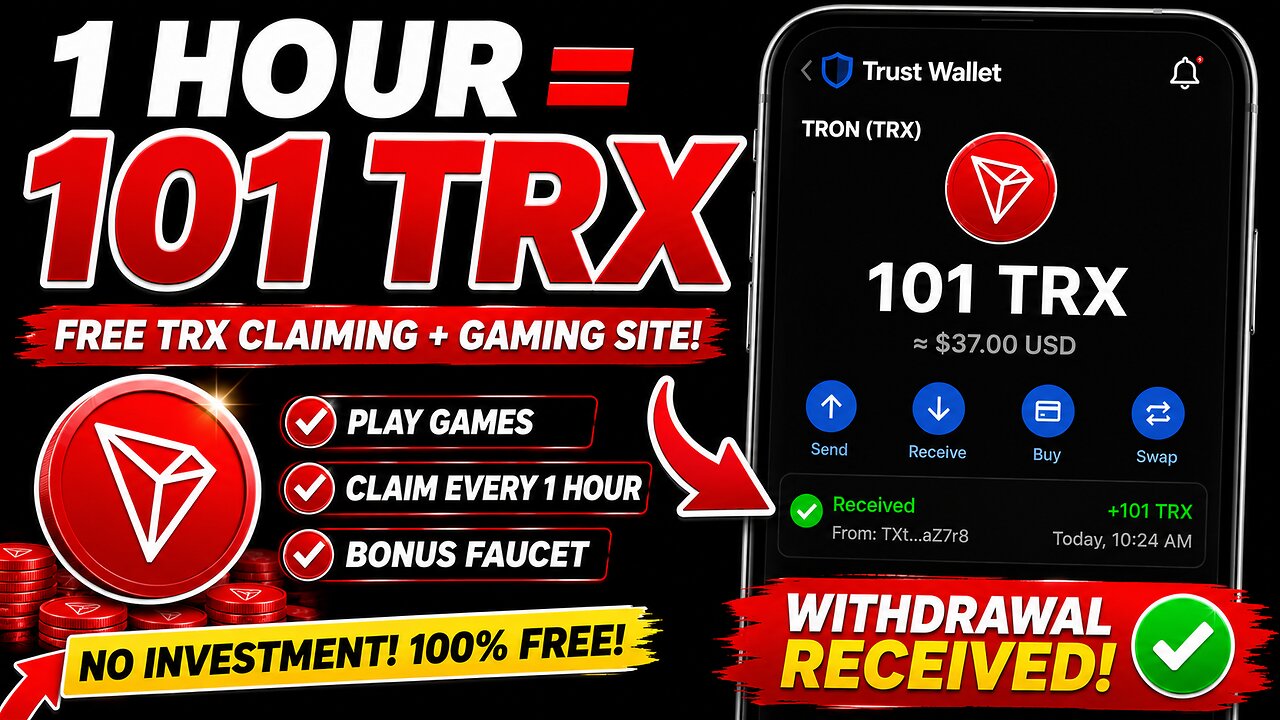 1 Hour = 101 TRX 🤑 Claim Free Tron TRX Per Hour