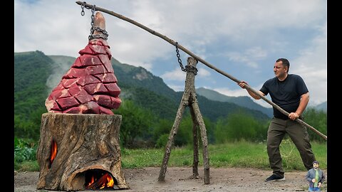 Beef Leg Cooked Deep Inside Fire Log – Insane Primitive Method