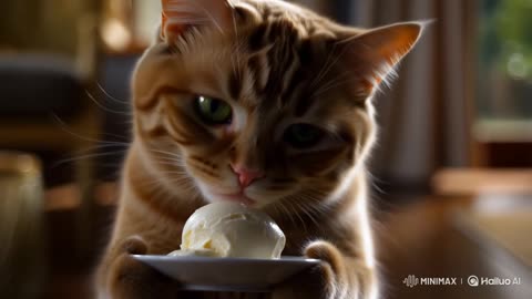 the cat enjoys delicious ice cream