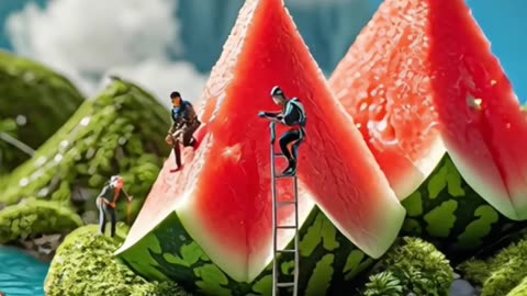 Tiny Miniature man working on watermelon field funny video