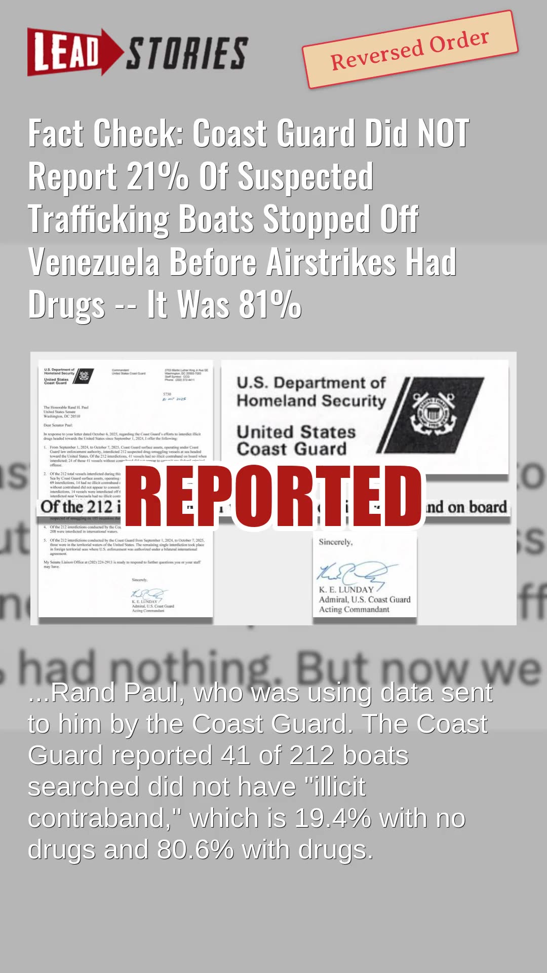 Fact Check: Coast Guard Did NOT Report Only 21% Of Suspected Boats Stopped Off Venezuela Had Drugs