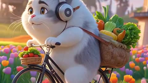 Adorable Cat Rides Bicycle with Veggies #funnycats #catshorts #catvideos