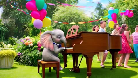 Adorable Baby Elephant Plays Piano at Birthday Party | Cute Animal in Bow Tie!