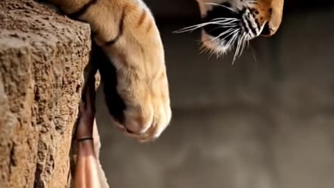 A tiger saves man from monkeys