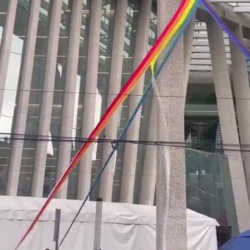 People tearing down a pride flag at a Federal building